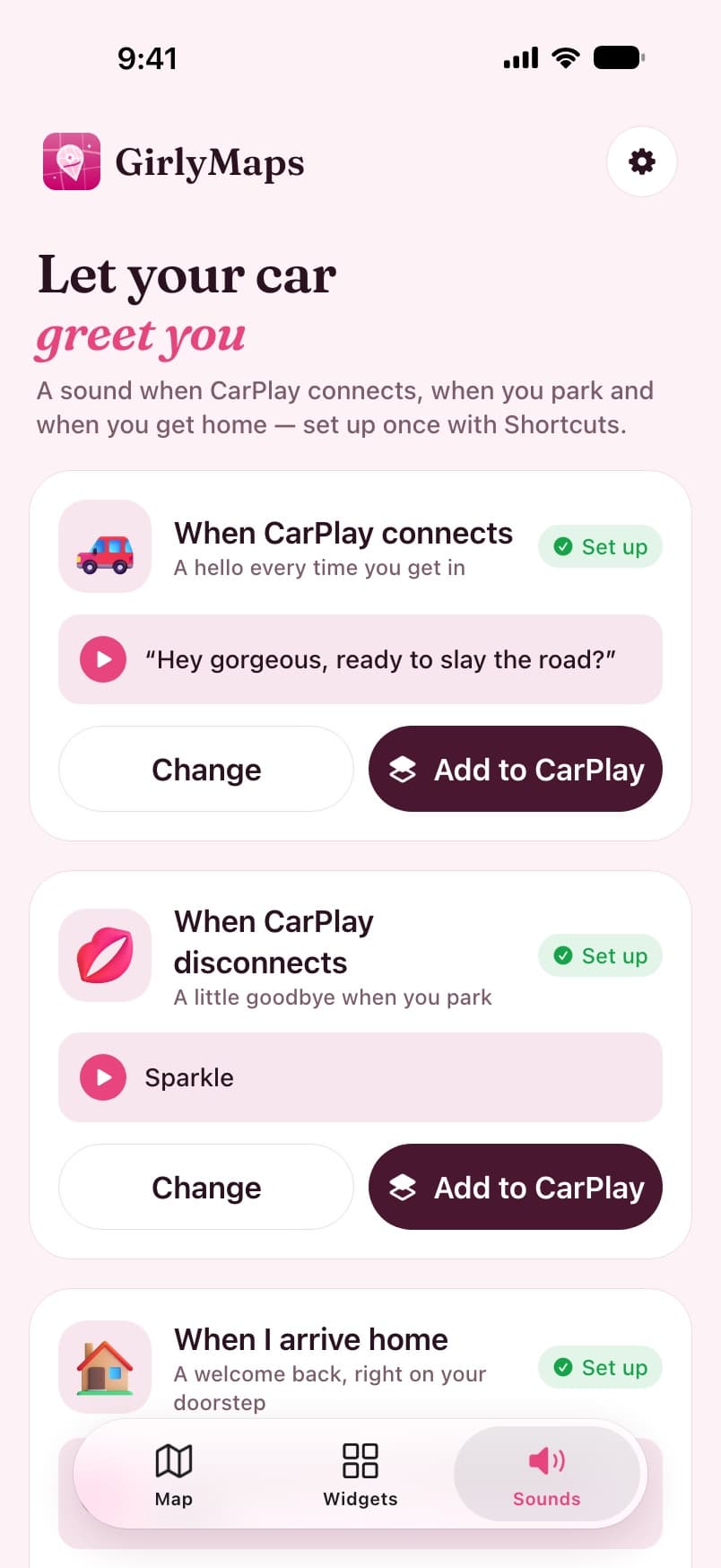 The GirlyMaps Sounds tab: a greeting when CarPlay connects, a goodbye when it disconnects and a welcome home