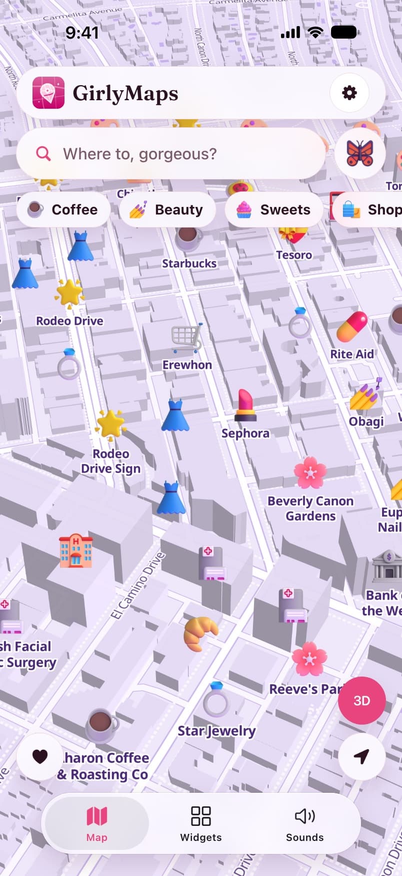 The GirlyMaps map in the Lavender Dream theme