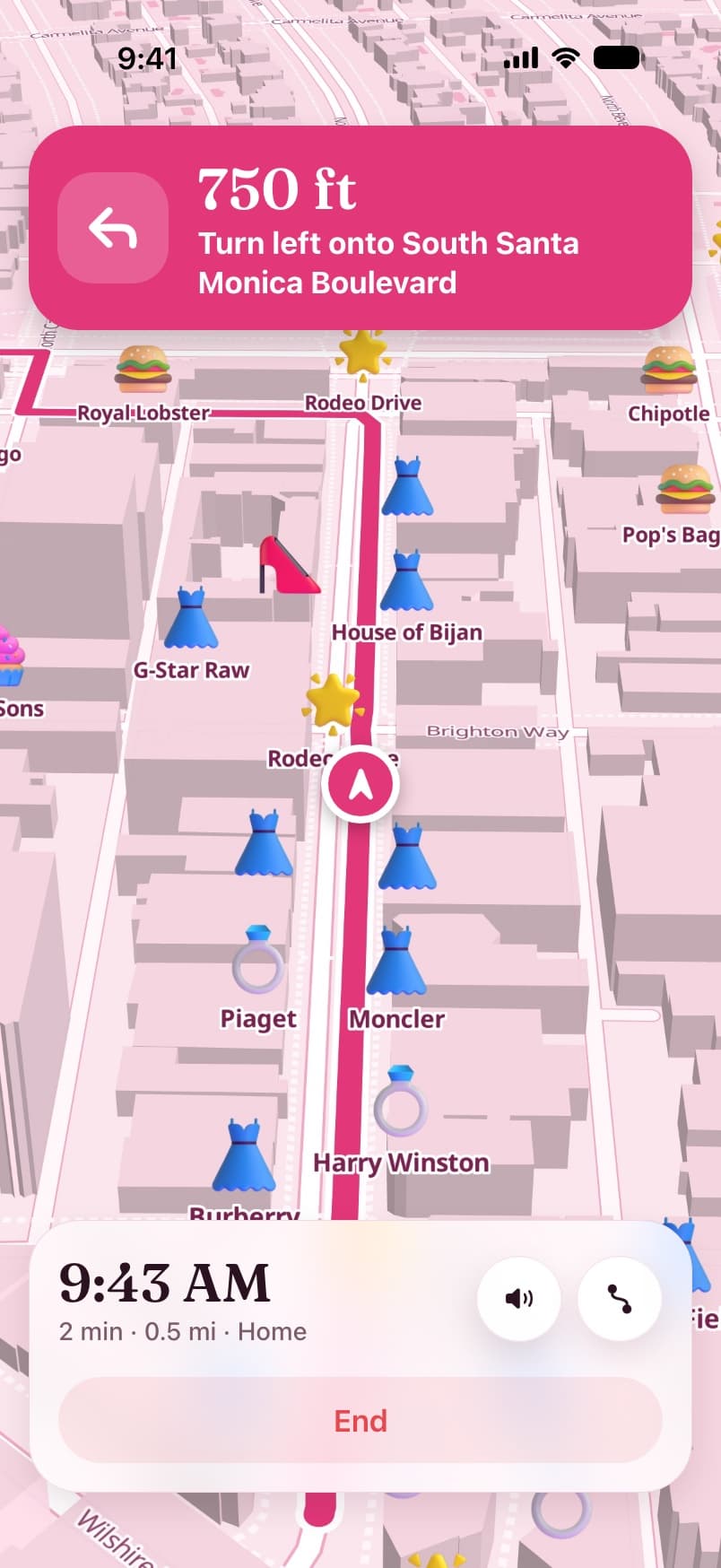 Turn-by-turn navigation in GirlyMaps on a pink 3D map of Beverly Hills