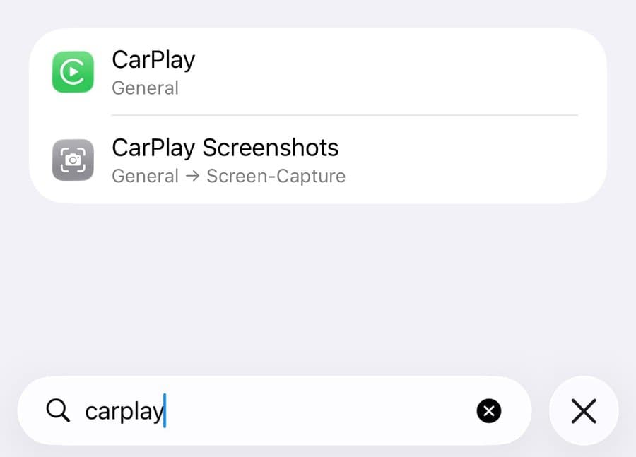 Searching CarPlay in the iPhone Settings app, with the CarPlay result under General