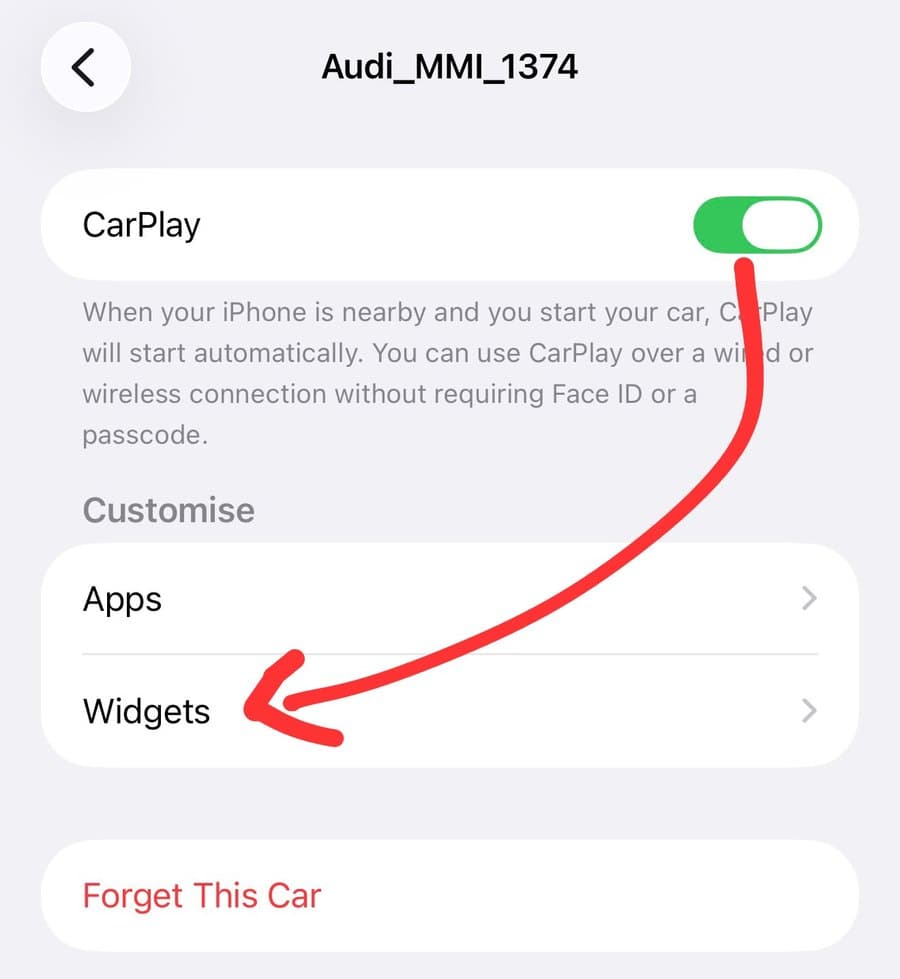 A car's CarPlay settings page: the CarPlay switch is on, and Widgets sits under Customize below Apps