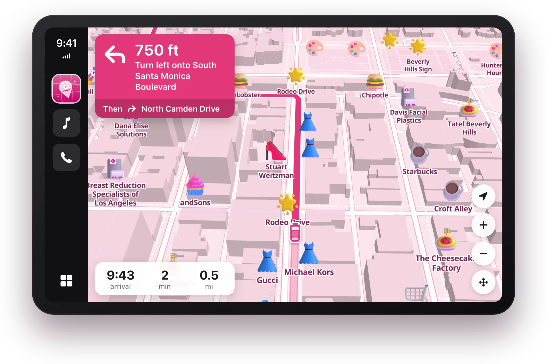 GirlyMaps on a CarPlay screen: turn-by-turn navigation on the pink 3D map of Beverly Hills, with a pink card saying turn left onto South Santa Monica Boulevard in 750 feet and an arrival time of 9:43