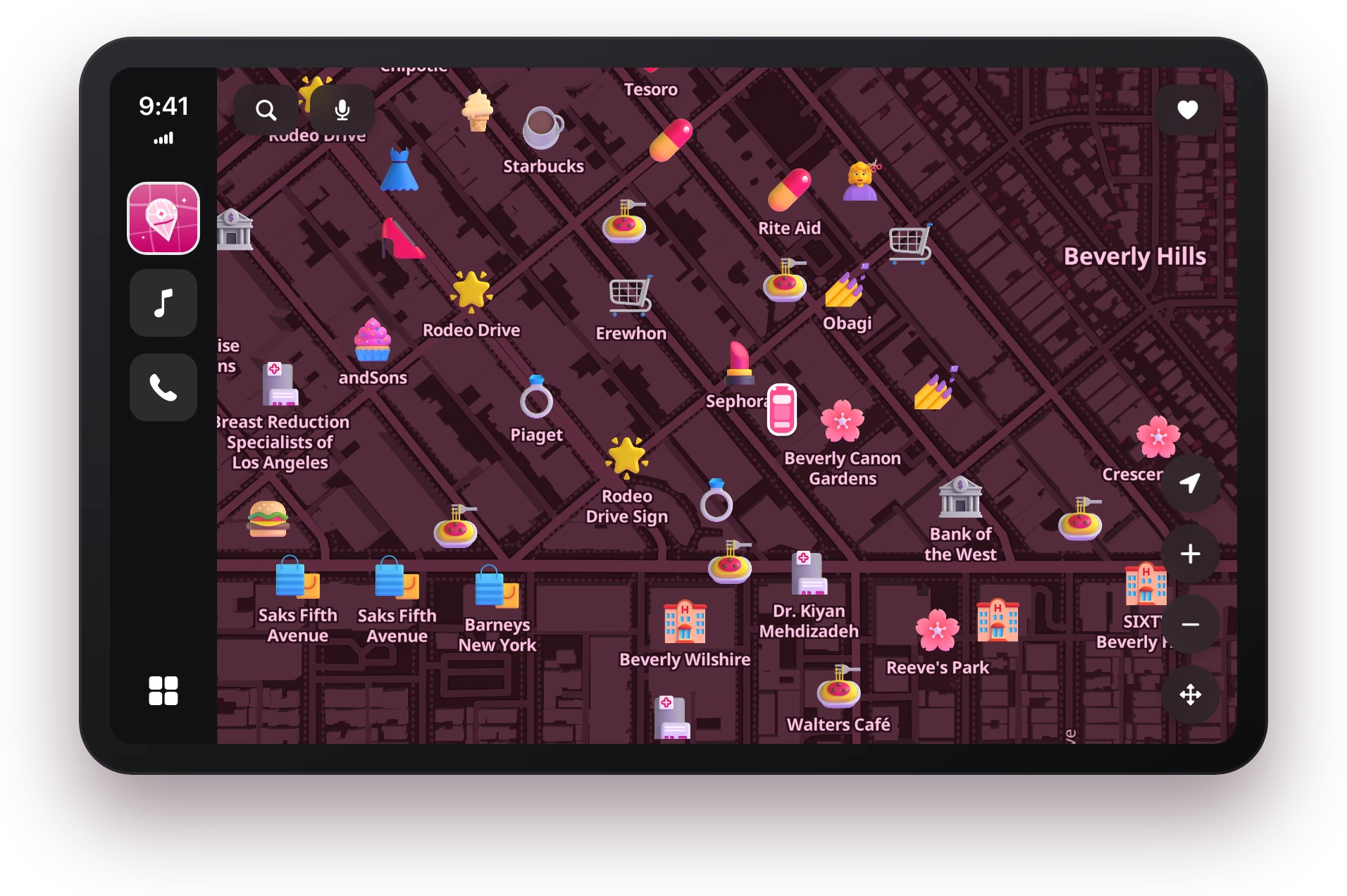 GirlyMaps on CarPlay at night: the Pink Princess theme in its deep cherry night look, with search, voice search and favorites buttons